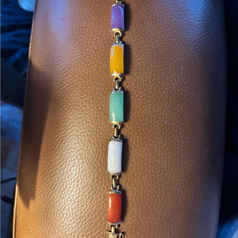 14k yellow gold multicolor jade barrel bangle bracelet - Picture 2 of 4
